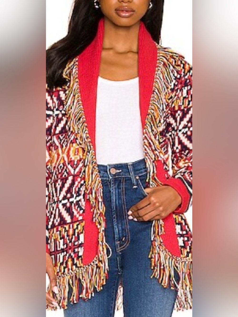 MOTHER Multicolor Fringe Open Cardigan with Red Trim as seen in Shrinking
